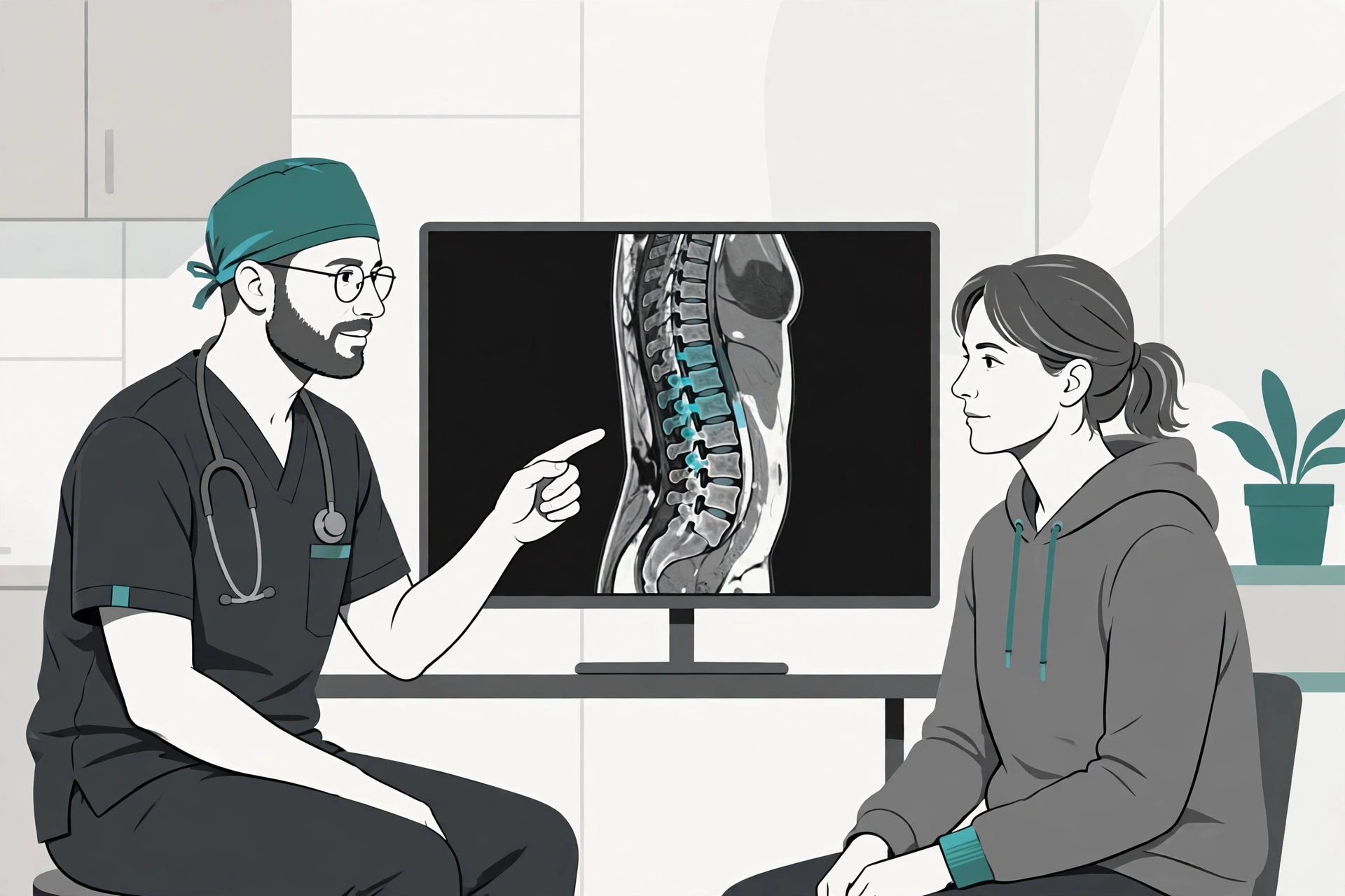 A surgeon reviewing spinal imaging with a patient during a second-opinion consultation